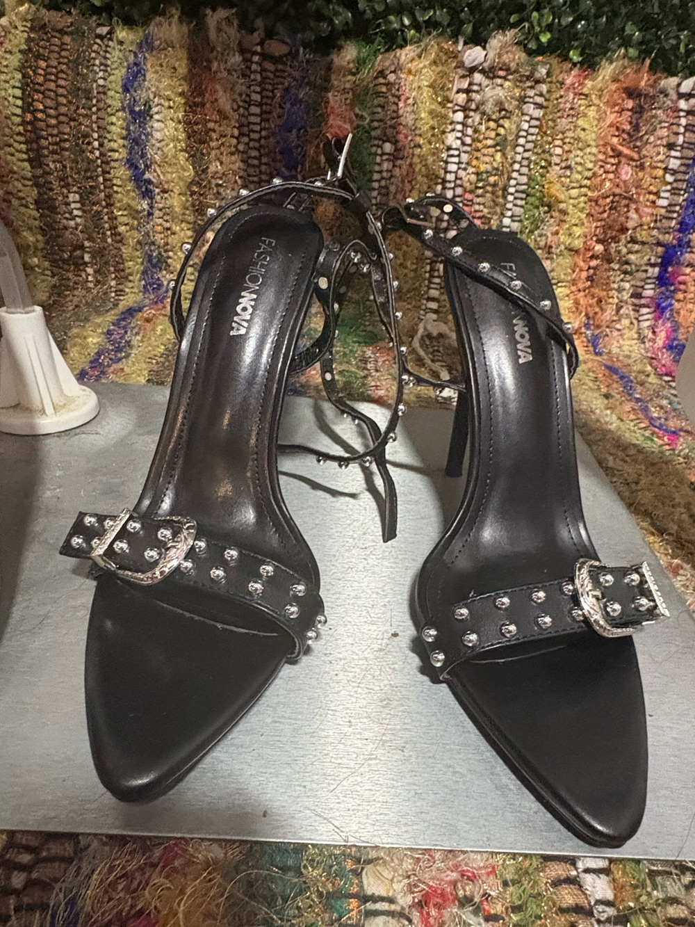 Fashion Nova Black Studded Ankle Strap Pointed Toe Heels Women's Size 8.5